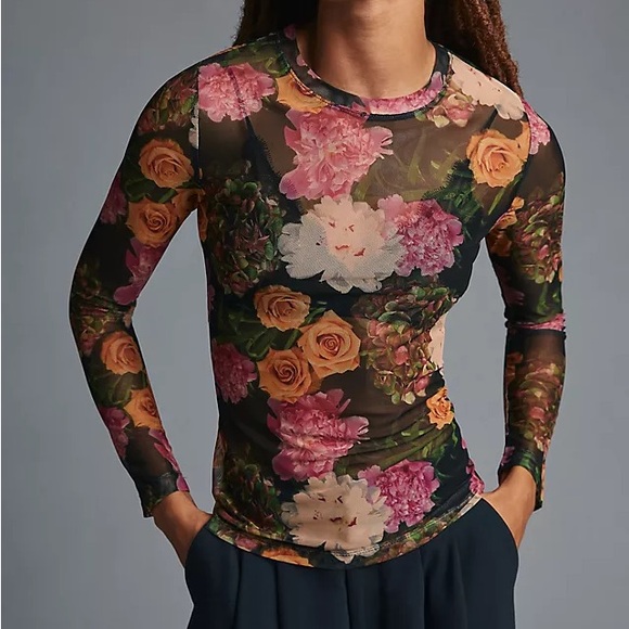 Anthropologie Tops - Anthropologie Porridge Kona Mock Neck Floral Mesh Long Sleeve Shirt Size Medium